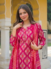 Women Pink Viscose Ikat Embroidered Straight Kurta Trousers With Dupatta-PKSKD3138