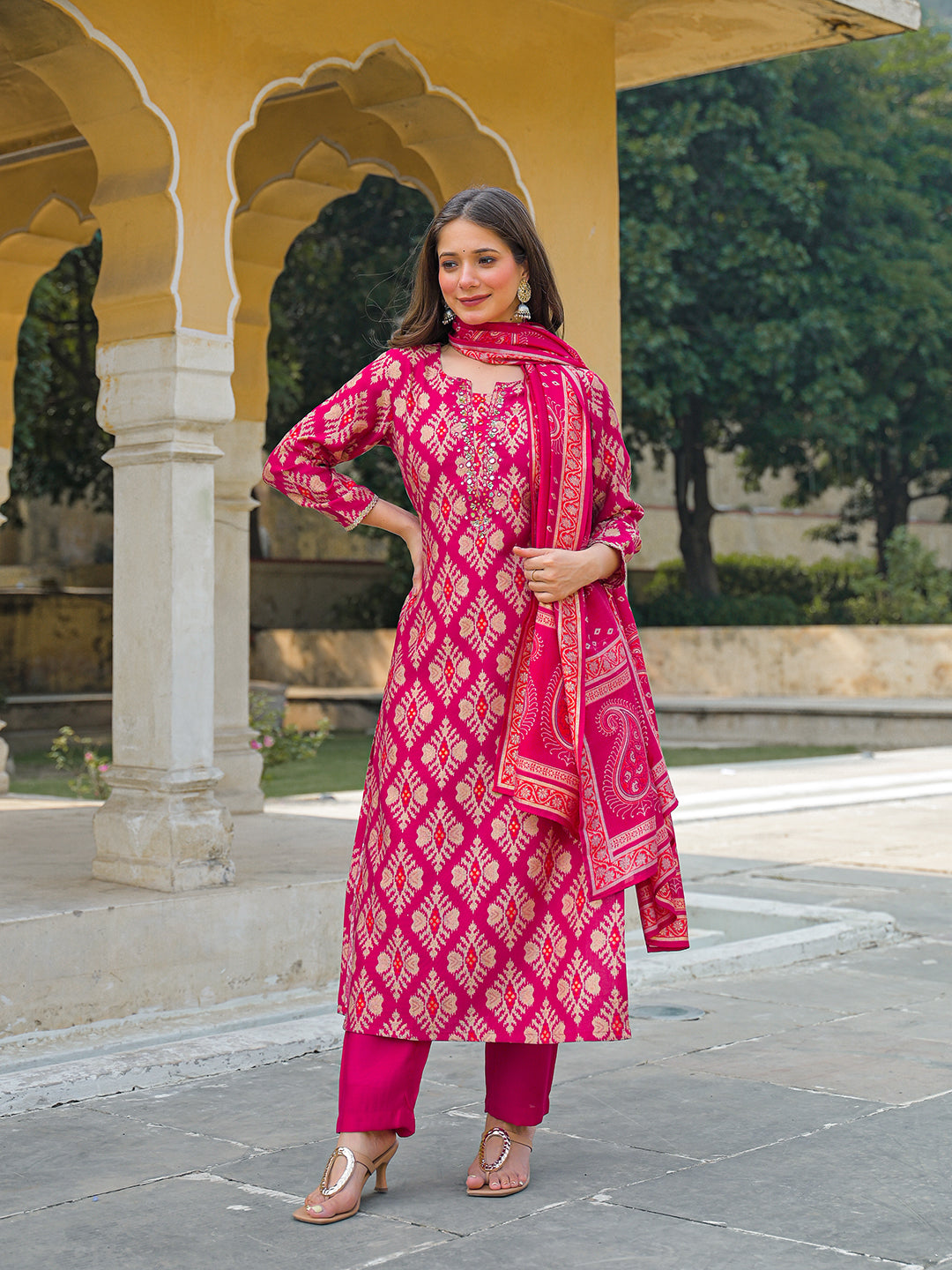Women Pink Viscose Ikat Embroidered Straight Kurta Trousers With Dupatta