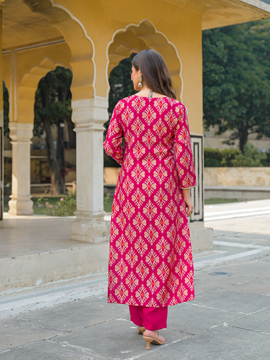 Women Pink Viscose Ikat Embroidered Straight Kurta Trousers With Dupatta