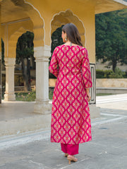 Women Pink Viscose Ikat Embroidered Straight Kurta Trousers With Dupatta-PKSKD3138