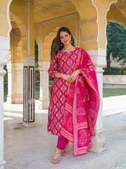 Women Pink Viscose Ikat Embroidered Straight Kurta Trousers With Dupatta-PKSKD3138