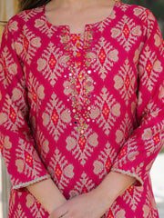 Women Pink Viscose Ikat Embroidered Straight Kurta Trousers With Dupatta-PKSKD3138