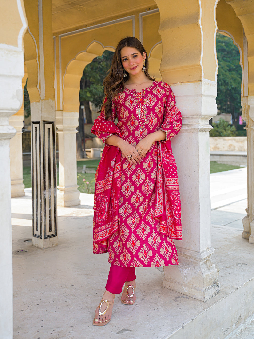 Women Pink Viscose Ikat Embroidered Straight Kurta Trousers With Dupatta
