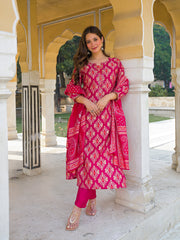 Women Pink Viscose Ikat Embroidered Straight Kurta Trousers With Dupatta-PKSKD3138