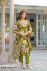 Green Viscose Floral Embroidered Straight Kurta Trousers With Dupatta PKSKD3139