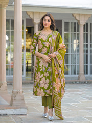 Women Green Viscose Floral Printed Straight Kurta Trousers With Dupatta-PKSKD3140