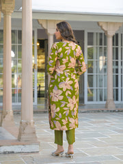 Women Green Viscose Floral Printed Straight Kurta Trousers With Dupatta-PKSKD3140