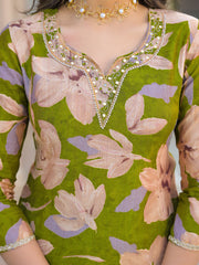 Women Green Viscose Floral Printed Straight Kurta Trousers With Dupatta-PKSKD3140