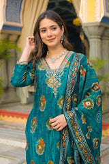 Teal Viscose Embroidered Straight Kurta Trousers With Dupatta PKSKD3144