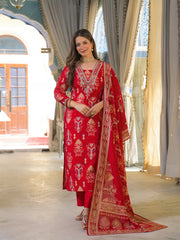 Women Red Viscose Ikat Printed Straight Kurta Trousers With Dupatta-PKSKD3147