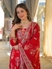 Women Red Viscose Ikat Printed Straight Kurta Trousers With Dupatta-PKSKD3147