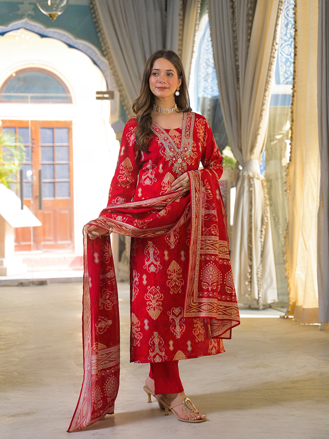 Women Red Viscose Ikat Printed Straight Kurta Trousers With Dupatta