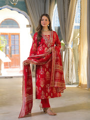 Women Red Viscose Ikat Printed Straight Kurta Trousers With Dupatta-PKSKD3147