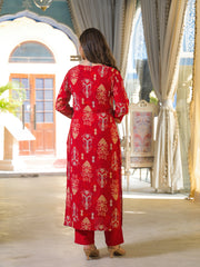 Women Red Viscose Ikat Printed Straight Kurta Trousers With Dupatta-PKSKD3147