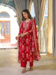 Women Red Viscose Ikat Printed Straight Kurta Trousers With Dupatta-PKSKD3147