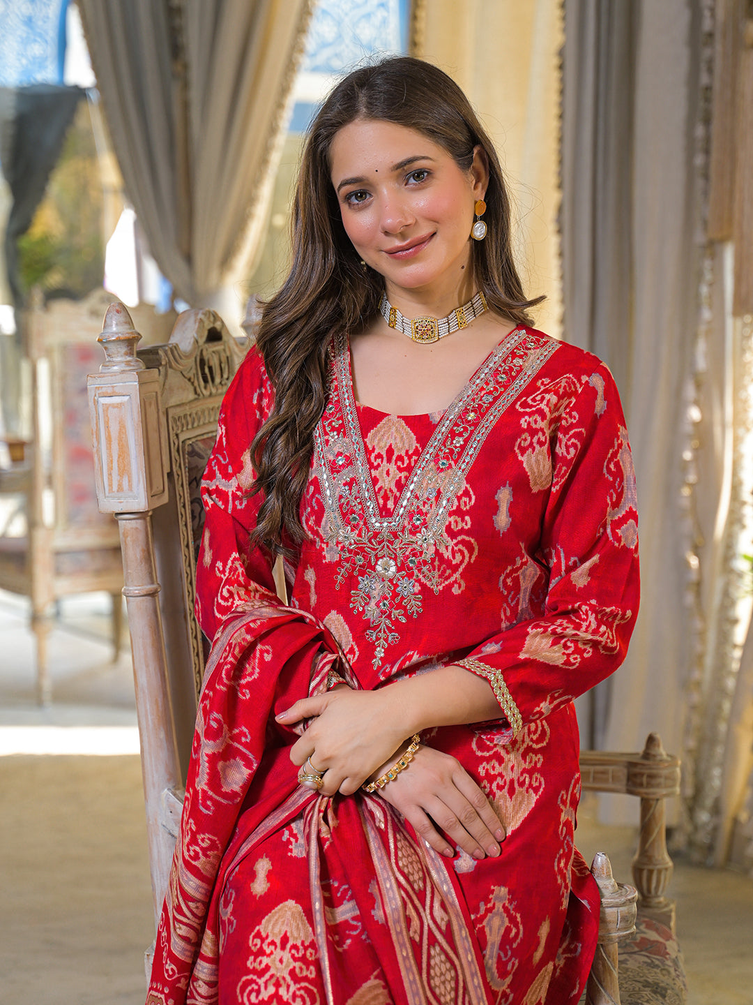 Women Red Viscose Ikat Printed Straight Kurta Trousers With Dupatta