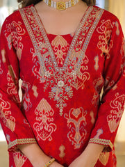 Women Red Viscose Ikat Printed Straight Kurta Trousers With Dupatta-PKSKD3147