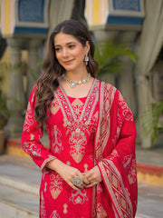 Women Pink Viscose Ikat Printed Straight Kurta Trousers With Dupatta-PKSKD3148