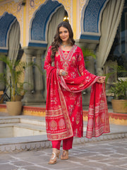 Women Pink Viscose Ikat Printed Straight Kurta Trousers With Dupatta-PKSKD3148