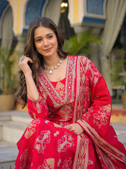 Women Pink Viscose Ikat Printed Straight Kurta Trousers With Dupatta-PKSKD3148