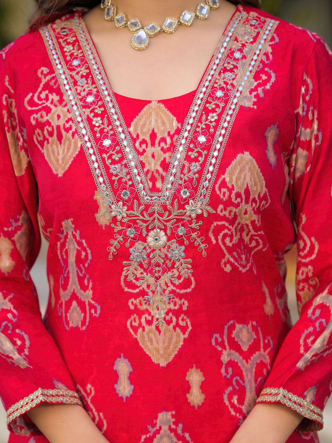 Women Pink Viscose Ikat Printed Straight Kurta Trousers With Dupatta