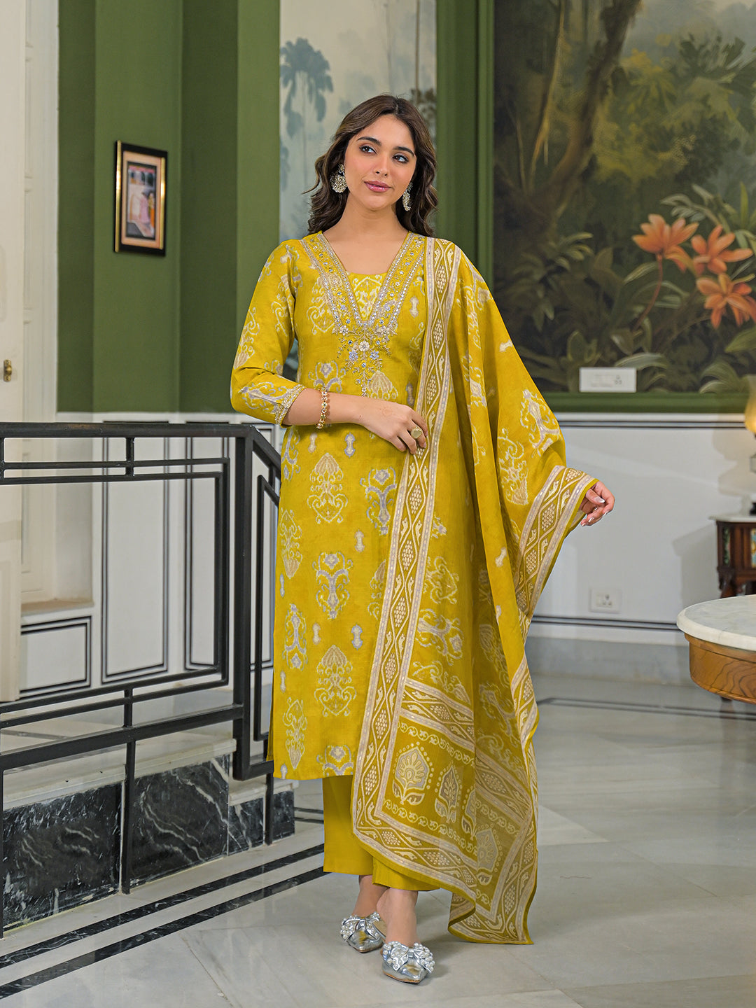 Women Yellow Viscose Ikat Printed Straight Kurta Trousers With Dupatta-PKSKD3149