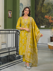 Women Yellow Viscose Ikat Printed Straight Kurta Trousers With Dupatta-PKSKD3149