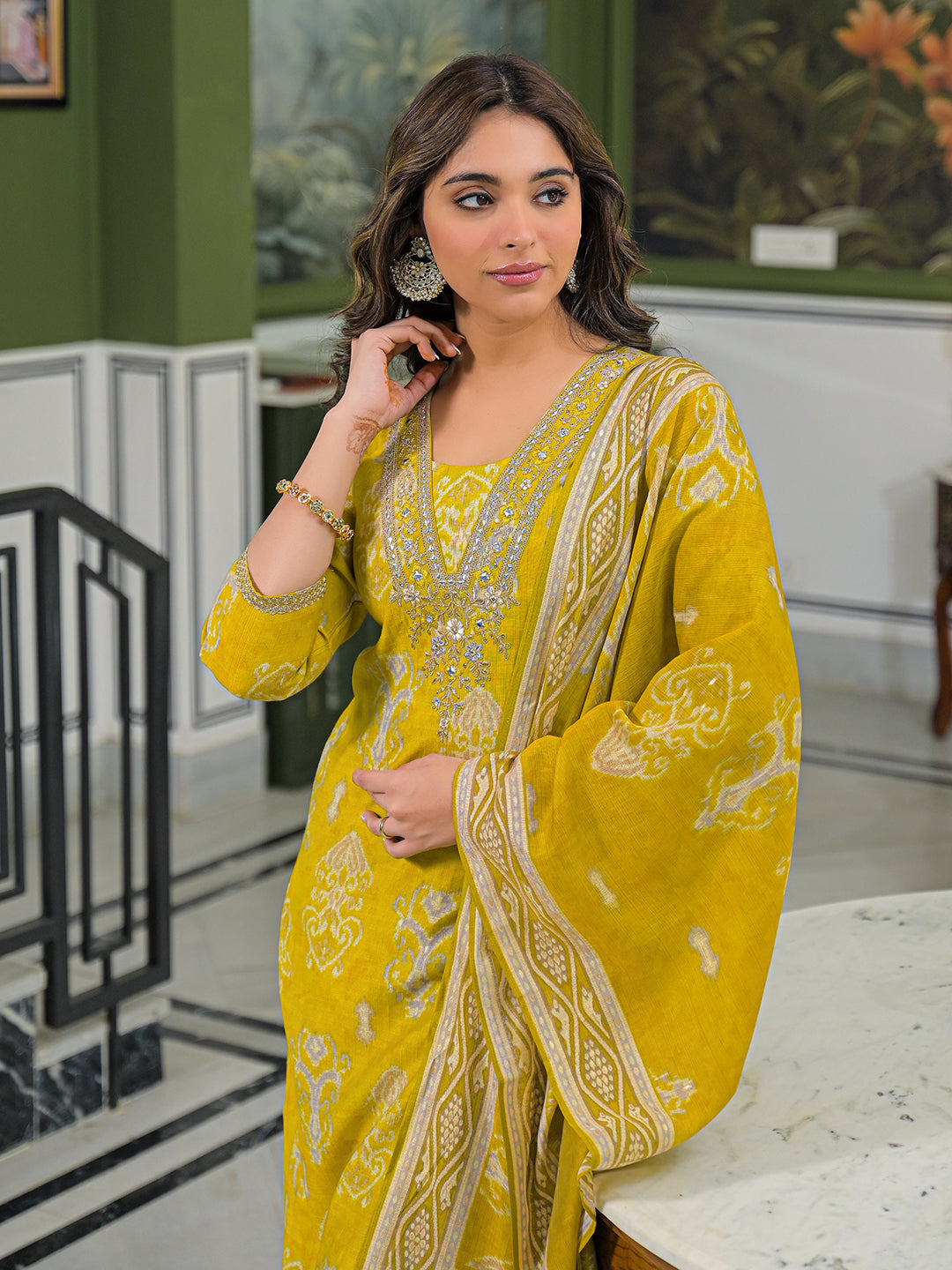 Women Yellow Viscose Ikat Printed Straight Kurta Trousers With Dupatta