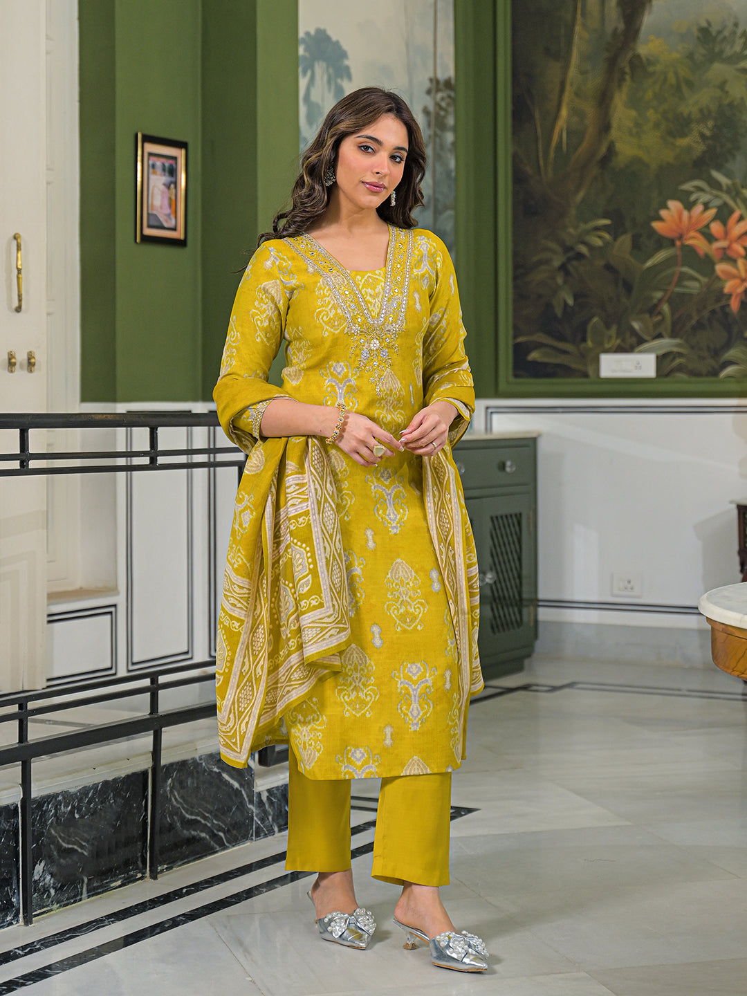 Women Yellow Viscose Ikat Printed Straight Kurta Trousers With Dupatta