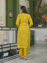 Women Yellow Viscose Ikat Printed Straight Kurta Trousers With Dupatta-PKSKD3149
