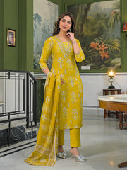 Women Yellow Viscose Ikat Printed Straight Kurta Trousers With Dupatta-PKSKD3149
