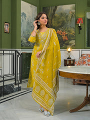 Women Yellow Viscose Ikat Printed Straight Kurta Trousers With Dupatta-PKSKD3149