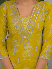 Women Yellow Viscose Ikat Printed Straight Kurta Trousers With Dupatta-PKSKD3149