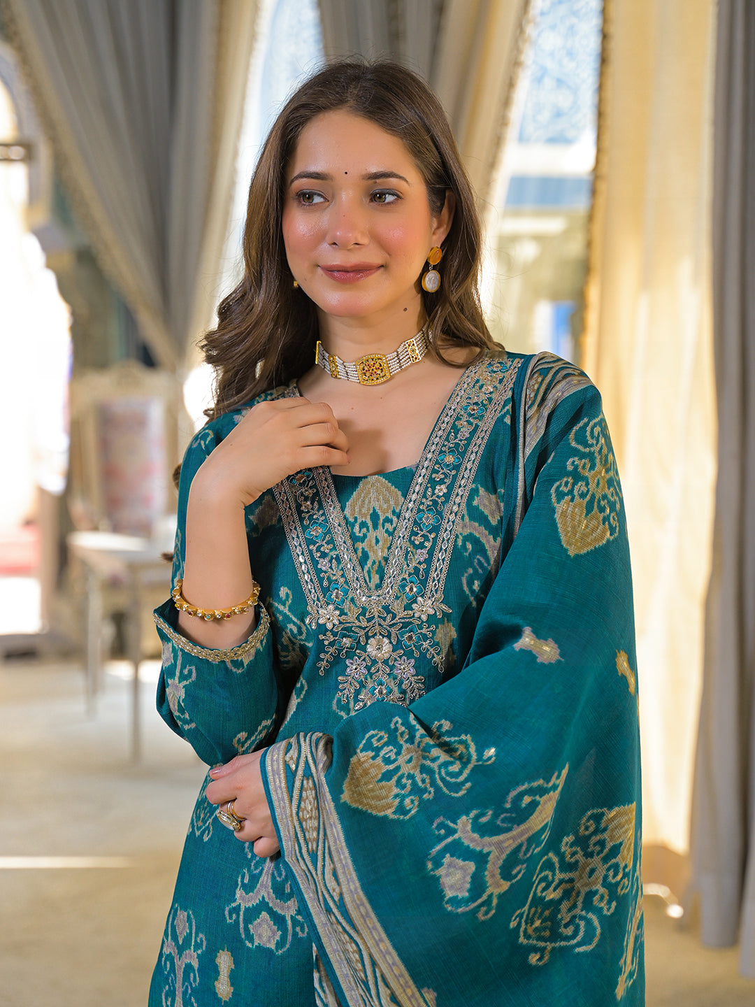 Women Blue Viscose Rayon Ikat Printed Straight Kurta Trousers With Dupatta