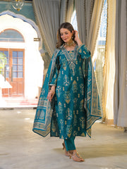 Women Blue Viscose Rayon Ikat Printed Straight Kurta Trousers With Dupatta-PKSKD3150