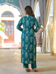 Women Blue Viscose Rayon Ikat Printed Straight Kurta Trousers With Dupatta-PKSKD3150