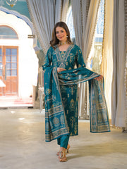 Women Blue Viscose Rayon Ikat Printed Straight Kurta Trousers With Dupatta-PKSKD3150