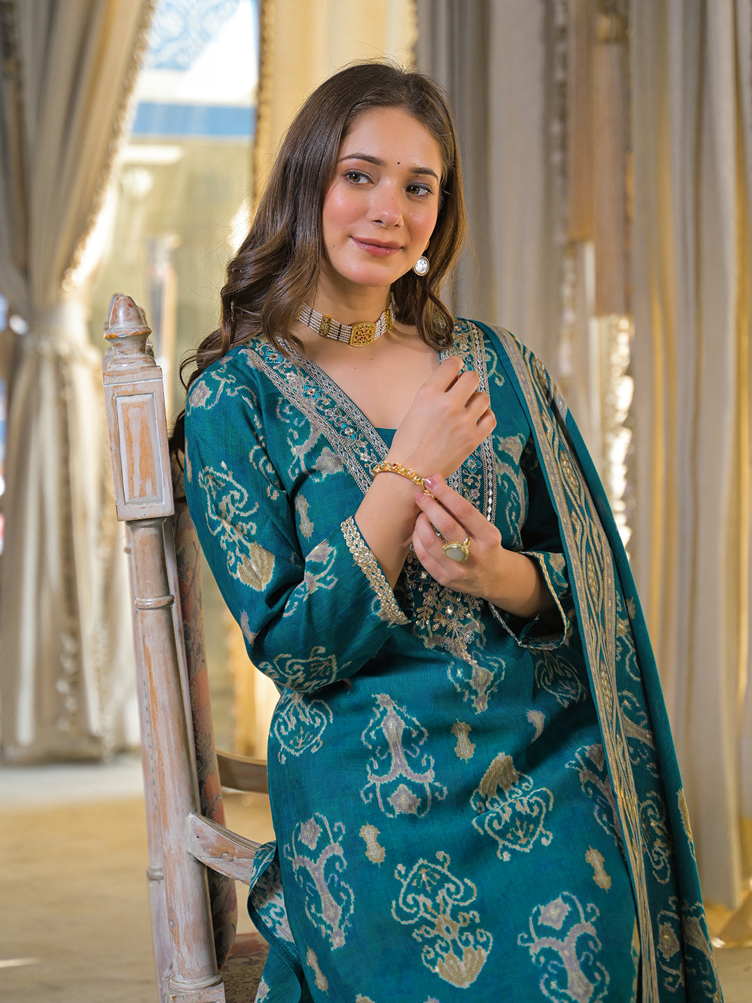 Women Blue Viscose Rayon Ikat Printed Straight Kurta Trousers With Dupatta