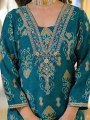 Women Blue Viscose Rayon Ikat Printed Straight Kurta Trousers With Dupatta-PKSKD3150