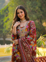 Women Brown Viscose Floral Printed Straight Kurta Trousers With Dupatta-PKSKD3152