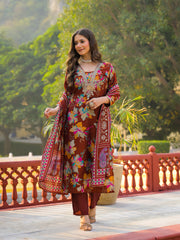 Women Brown Viscose Floral Printed Straight Kurta Trousers With Dupatta-PKSKD3152