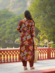 Women Brown Viscose Floral Printed Straight Kurta Trousers With Dupatta-PKSKD3152