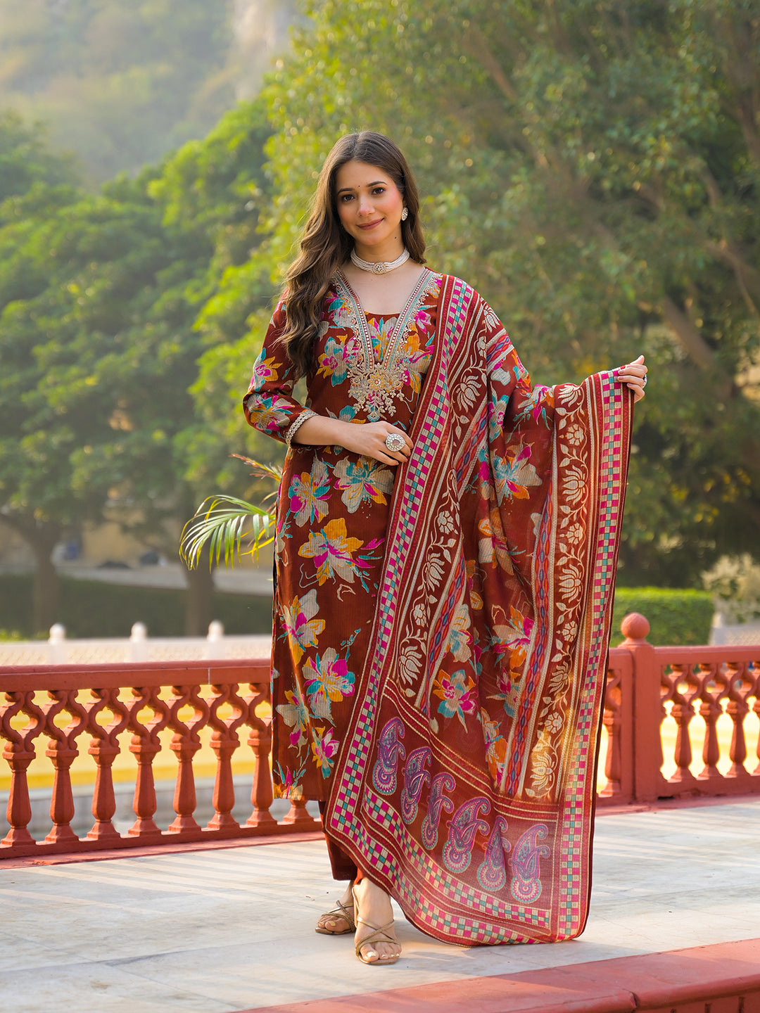 Women Brown Viscose Floral Printed Straight Kurta Trousers With Dupatta