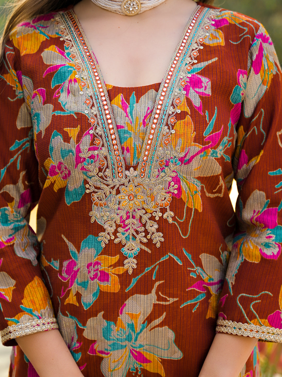 Women Brown Viscose Floral Printed Straight Kurta Trousers With Dupatta