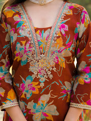 Women Brown Viscose Floral Printed Straight Kurta Trousers With Dupatta-PKSKD3152