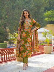 Women Green Viscose Floral Printed Straight Kurta Trousers With Dupatta-PKSKD3154