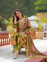 Women Green Viscose Floral Printed Straight Kurta Trousers With Dupatta-PKSKD3154