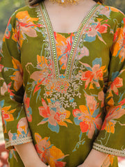 Women Green Viscose Floral Printed Straight Kurta Trousers With Dupatta-PKSKD3154