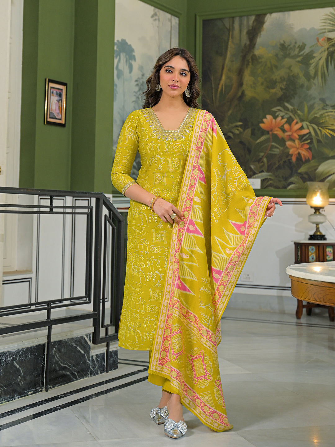 Women Yellow Viscose Ethnic Motifs Printed Straight Kurta Trousers With Dupatta-PKSKD3155
