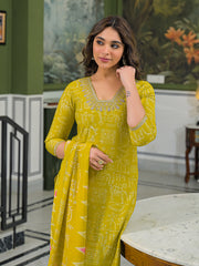 Women Yellow Viscose Ethnic Motifs Printed Straight Kurta Trousers With Dupatta-PKSKD3155